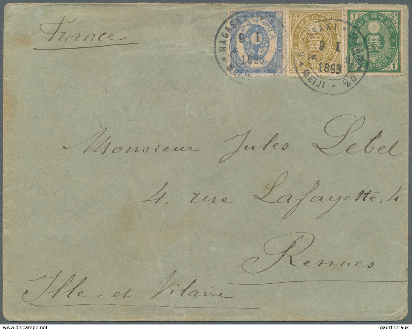 08982 Japan: 1893. Envelope (small Faults) Addressed To France Bearing 'Koban' SG 113, 1s Green, SG 115, 5 - Sonstige & Ohne Zuordnung