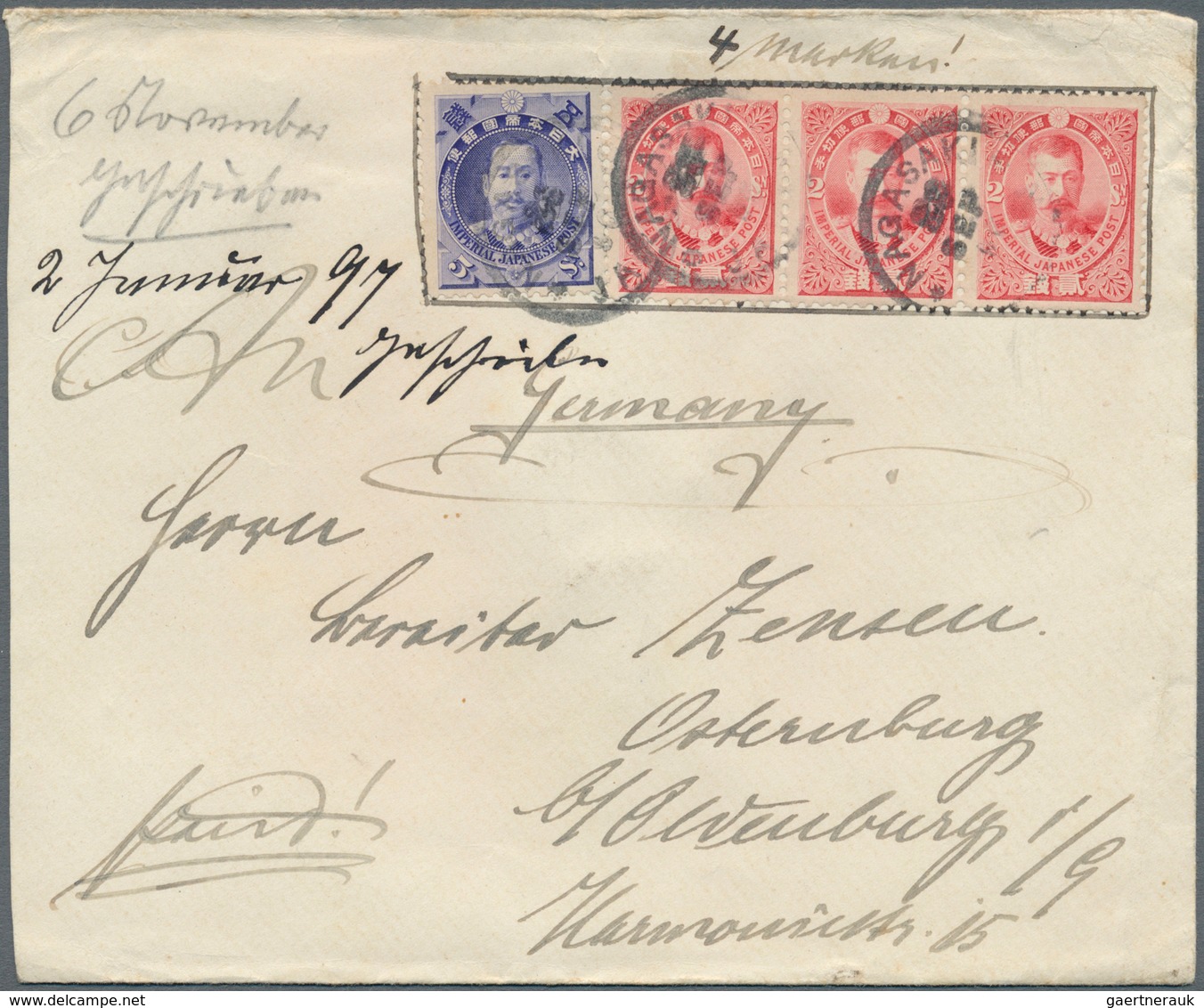 08984 Japan: 1896, Princes 2 S. (strip-3) And 5 S. Tied "NAGASAKI 25 SEP 96" To Cover To Germany W. Arriva - Autres & Non Classés