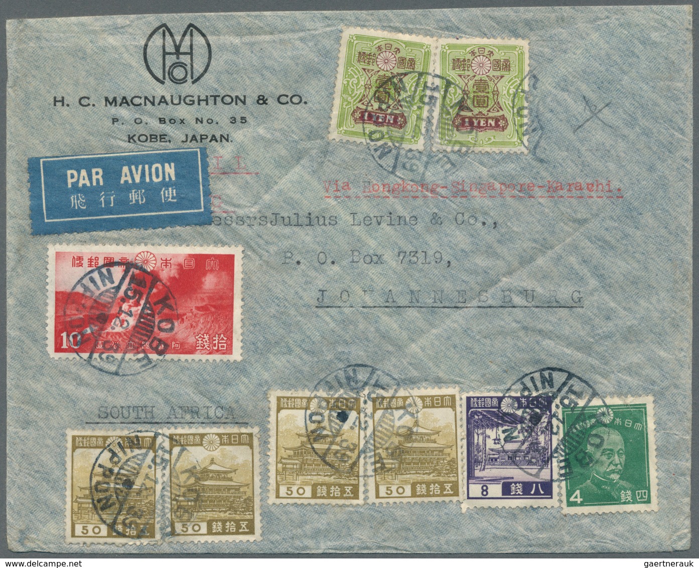 09000 Japan: 1939, Two Foreign Air Mail Covers: 4.22 Y. Frank "KOBE 15.12.39" To Johannesburg/South Africa - Sonstige & Ohne Zuordnung