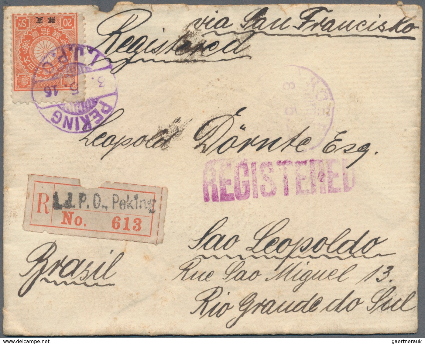 09011 Japanische Post In China: 1899, 20 S. Tied "PEKING 3.5.16 I.J.P.O." To Registered Cover Via "KOBE2 8 - 1943-45 Shanghai & Nankin