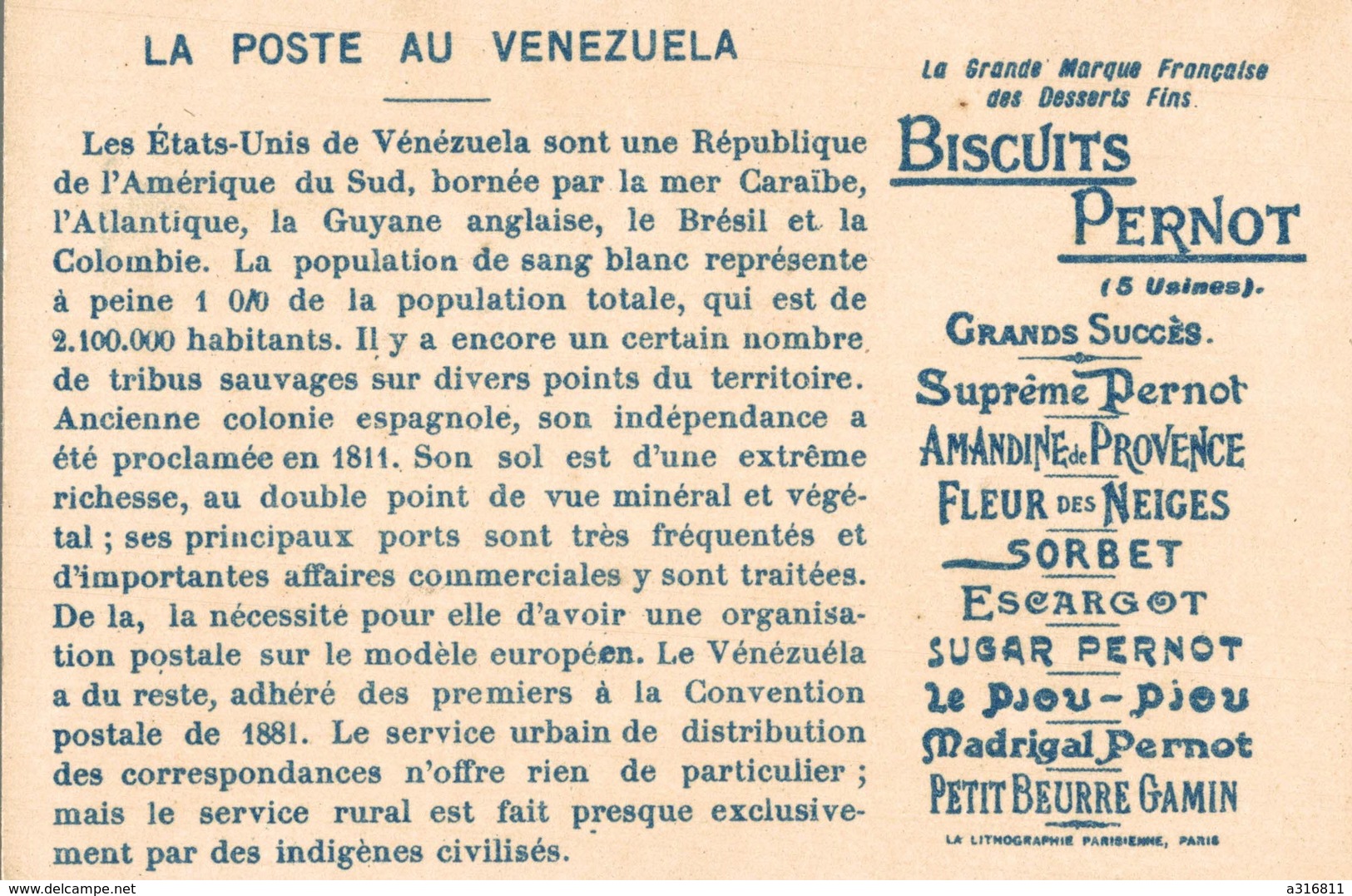 BISCUITS PERNOT  LA POSTE  AU  VENEZUELA - Pernot