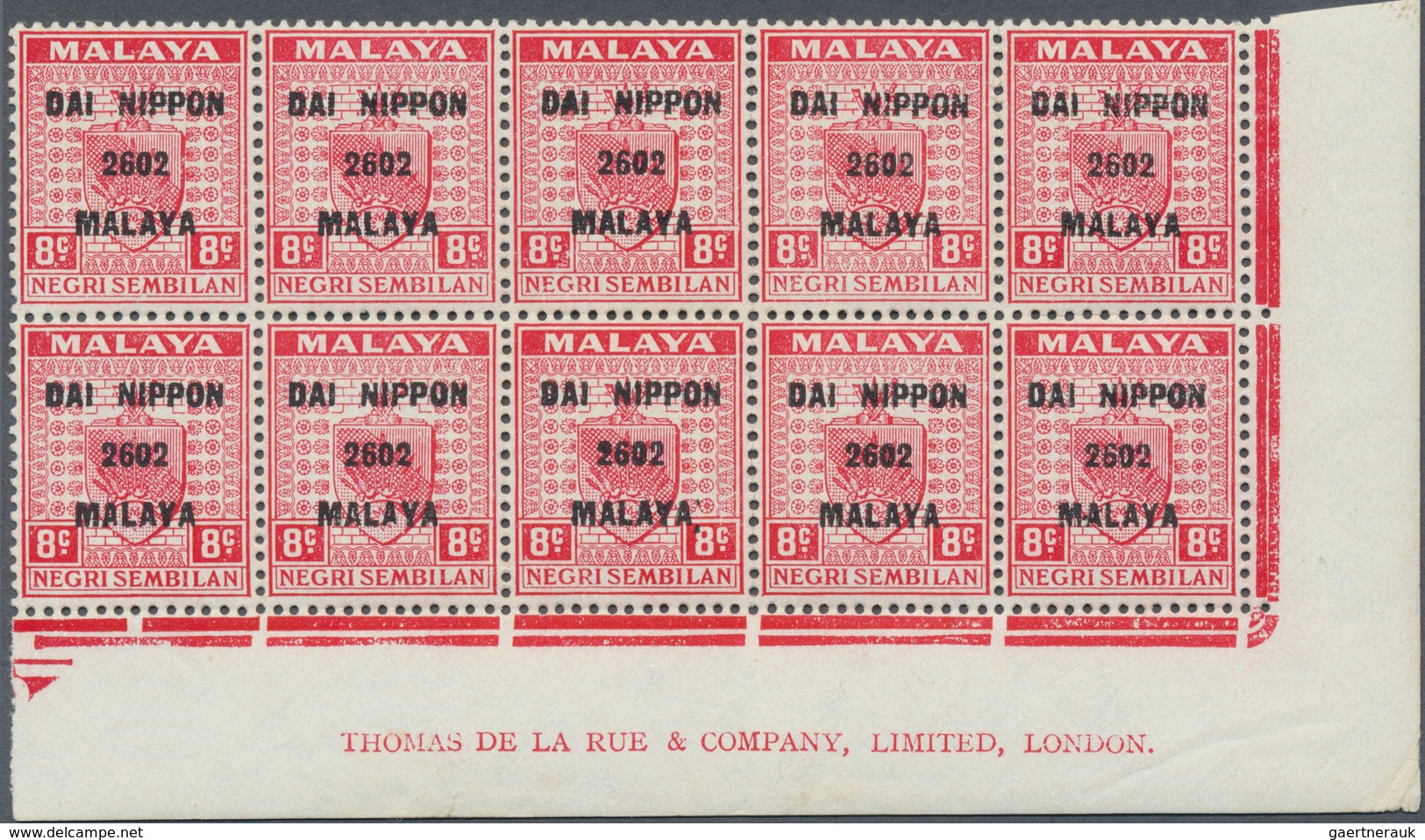 09039 Japanische Besetzung  WK II - Malaya: 1942, 8c. Scarlet, Marginal Block Of Ten (separated) From The - Malaysia (1964-...)