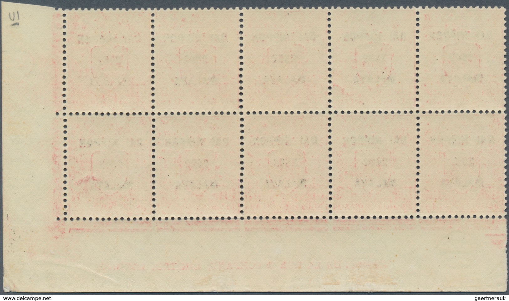 09039 Japanische Besetzung  WK II - Malaya: 1942, 8c. Scarlet, Marginal Block Of Ten (separated) From The - Malaysia (1964-...)