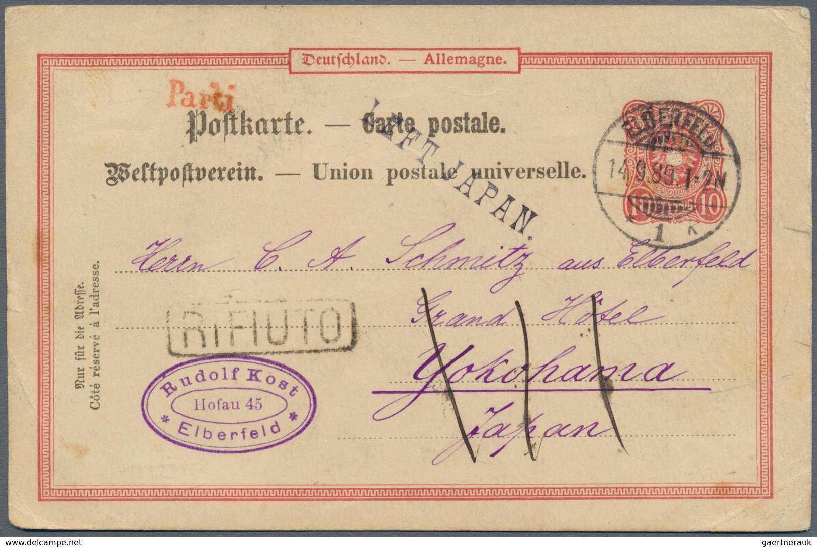 09075 Japan - Besonderheiten: 1889. German Postal Stationery Card 10 Pf Red Written From Elberfeld To The - Autres & Non Classés