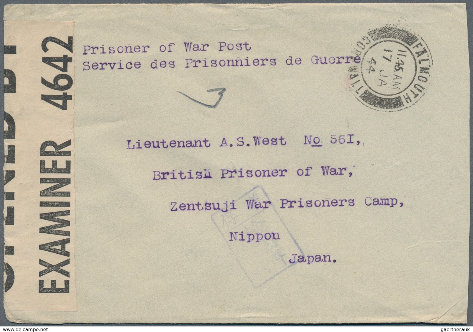 09081 Japan - Besonderheiten: 1944, Prisoner Of War Cover. Addressed To Lieutenant West To Zentsuji Prison - Sonstige & Ohne Zuordnung