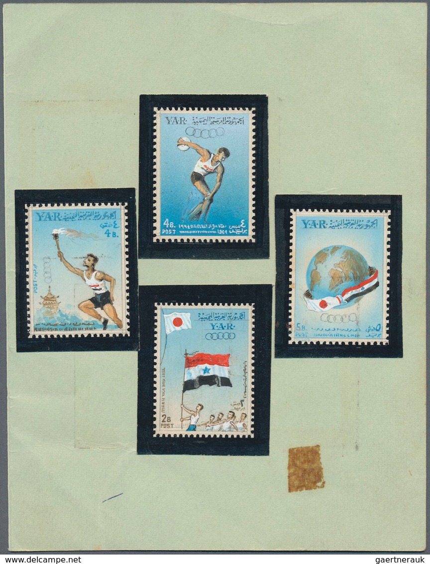 09104 Jemen: 1964, Summer Olympics Tokyo Four Different HANDPAINTED ESSAYS In Not Realised Designs And Dif - Yémen