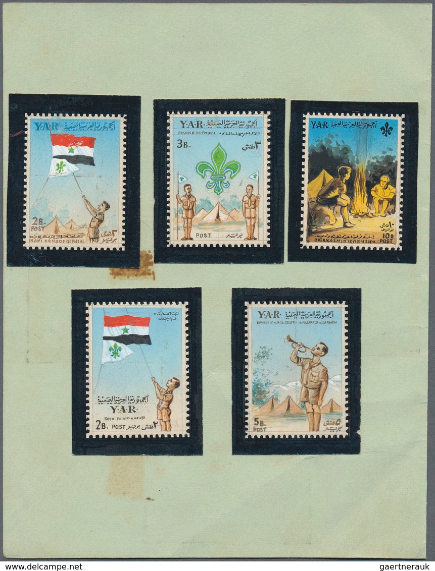 09105 Jemen: 1964, Scouts Five Different HANDPAINTED ESSAYS In Not Realised Designs And Different Denomina - Yémen