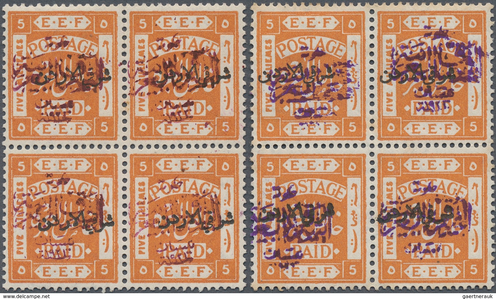 09164 Jordanien: 1922, 5 M. Orange Two Blocks Of Four Showing Overprints In Red And Violet, Both Mint Hing - Jordanie