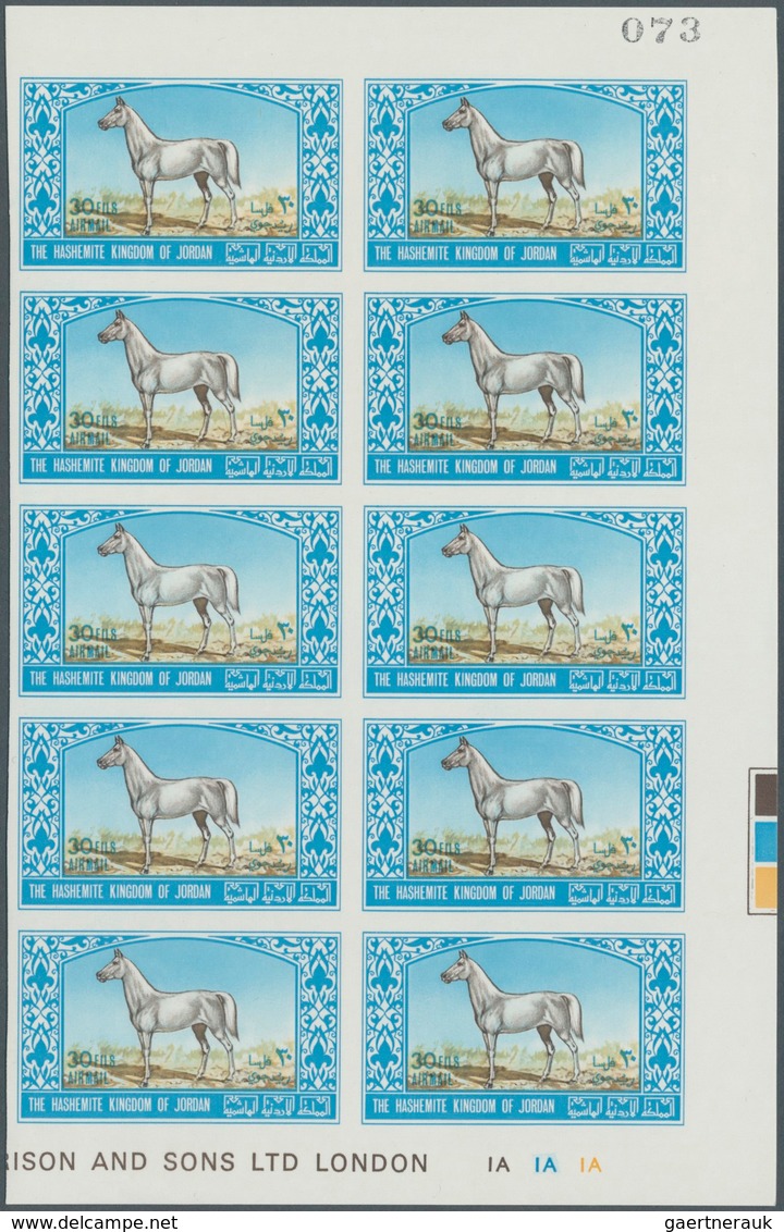 09184 Jordanien: 1967, Animals, imperforate, complete set of six values as marginal plate blocks of ten, u
