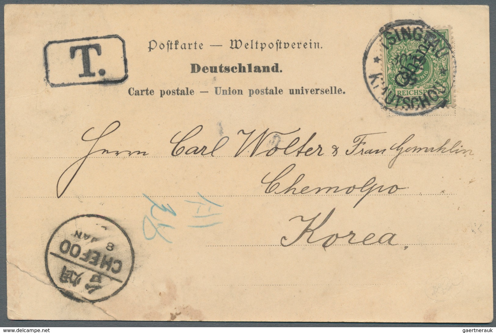 09216 Korea: 1899, Incoming Mail, Kiautschou Forerunner 5 Pf. Tied "TSINGTAU 30/12 99" To Ppc (Tsintau Vil - Korea (...-1945)