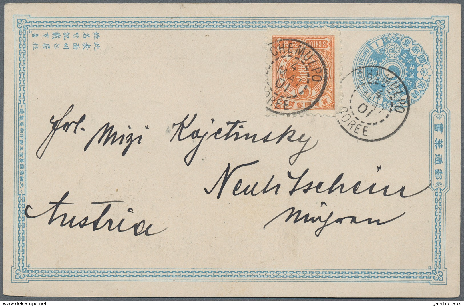 09219 Korea: 1900, Stationery Card 1 Ch. Uprated Ewha 3 Ch. Canc. "CHEMULPO 4 MAI 01" To Hungary. - Corée (...-1945)