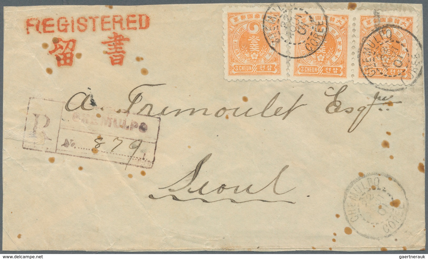 09220 Korea: 1900, Ewha 3 Ch. (3 Inc. Pair) Tied "CHEMULPO 22 AOUT 01" To Registered Cover To Seoul, Corre - Corée (...-1945)