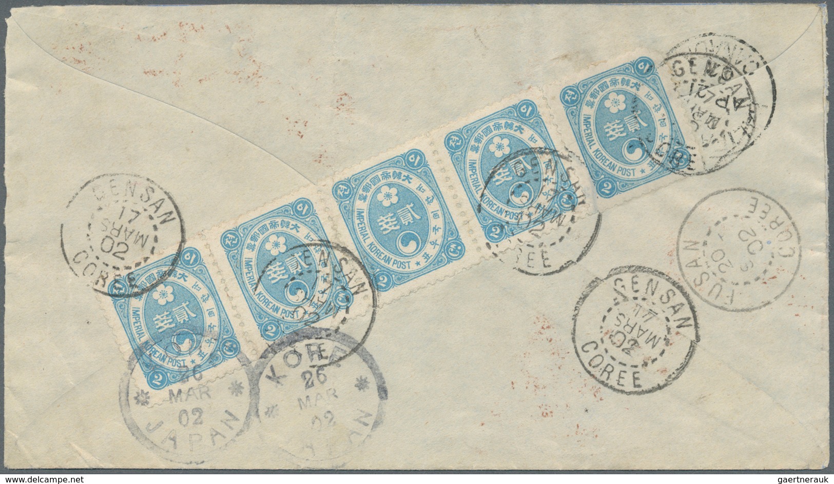 09223 Korea: 1901, 2 Ch. Light-blue, A Horizontal Strip-5 Tied "GENSAN 17 MARS 02" (month Slug Inverted) T - Corée (...-1945)