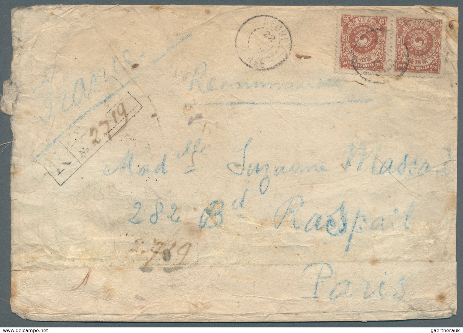 09226 Korea: 1905. Registered Rice Paper Envelope (opening Faults, Creased And Toned) Addressed To Paris B - Corée (...-1945)