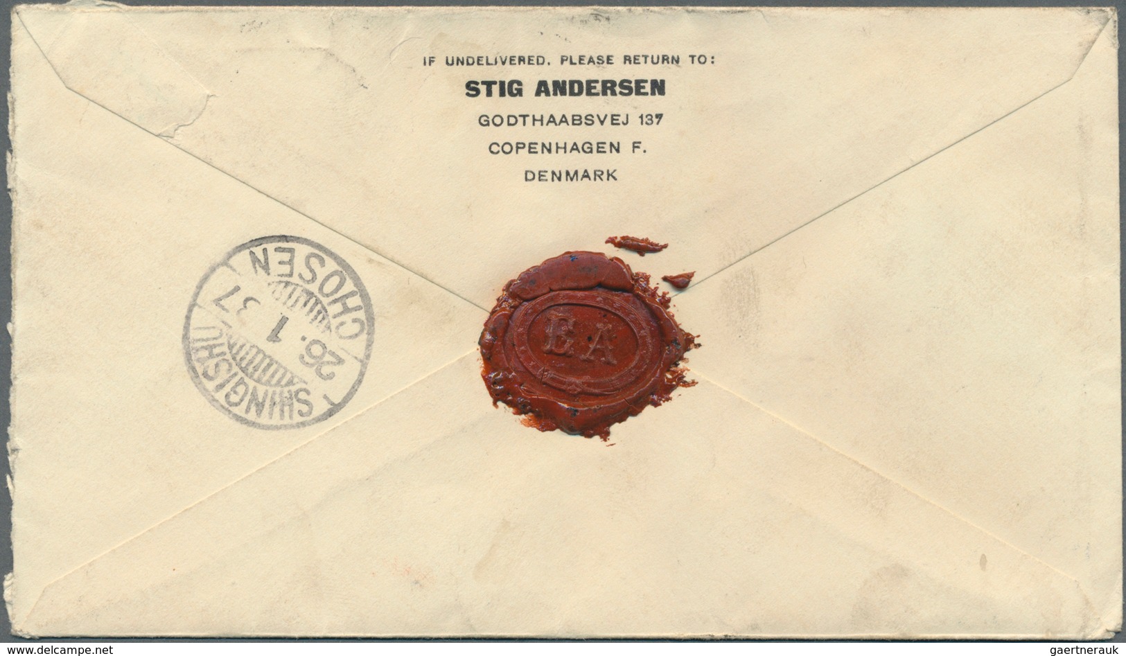 09228 Korea: 1937, Incoming Mail From Denmark Via Sinuiju: 55 Oe. Tied "Kobenhavn 11.II.37" To Registered - Corée (...-1945)