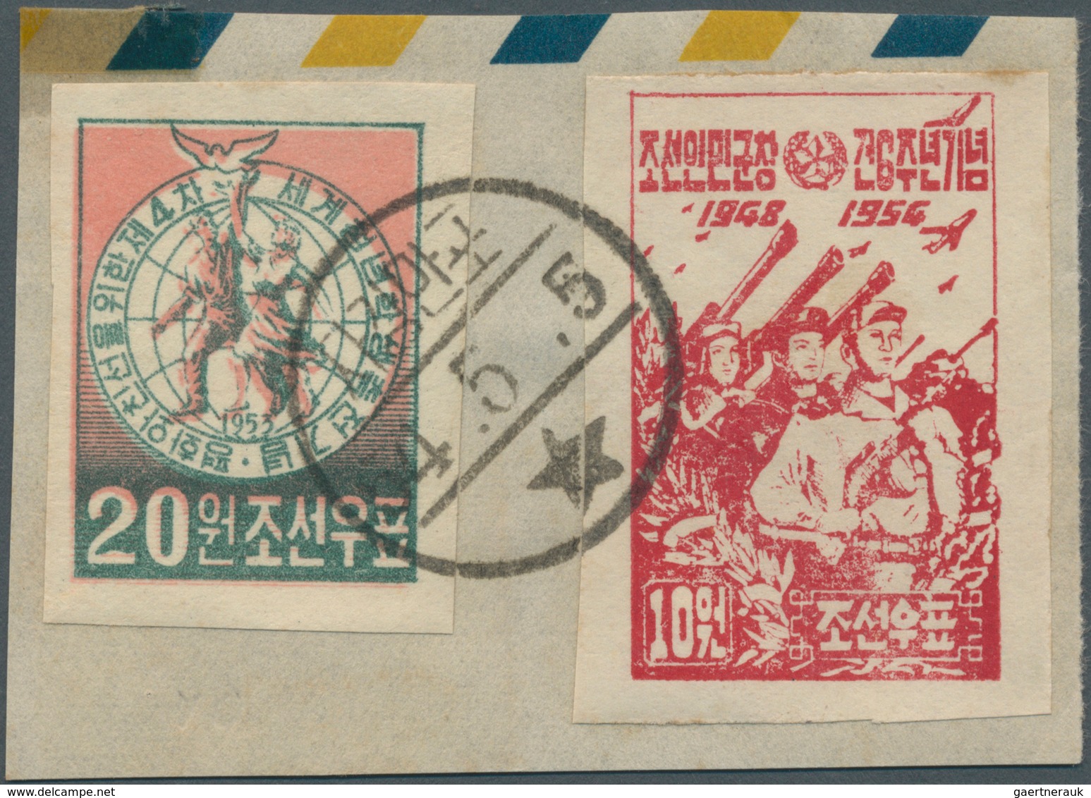 09231 Korea-Nord: 1954, PA 6th Anniversary 10 W. Red Imperforated With 1953 4th World Youth Games 20 W. Im - Corée Du Nord