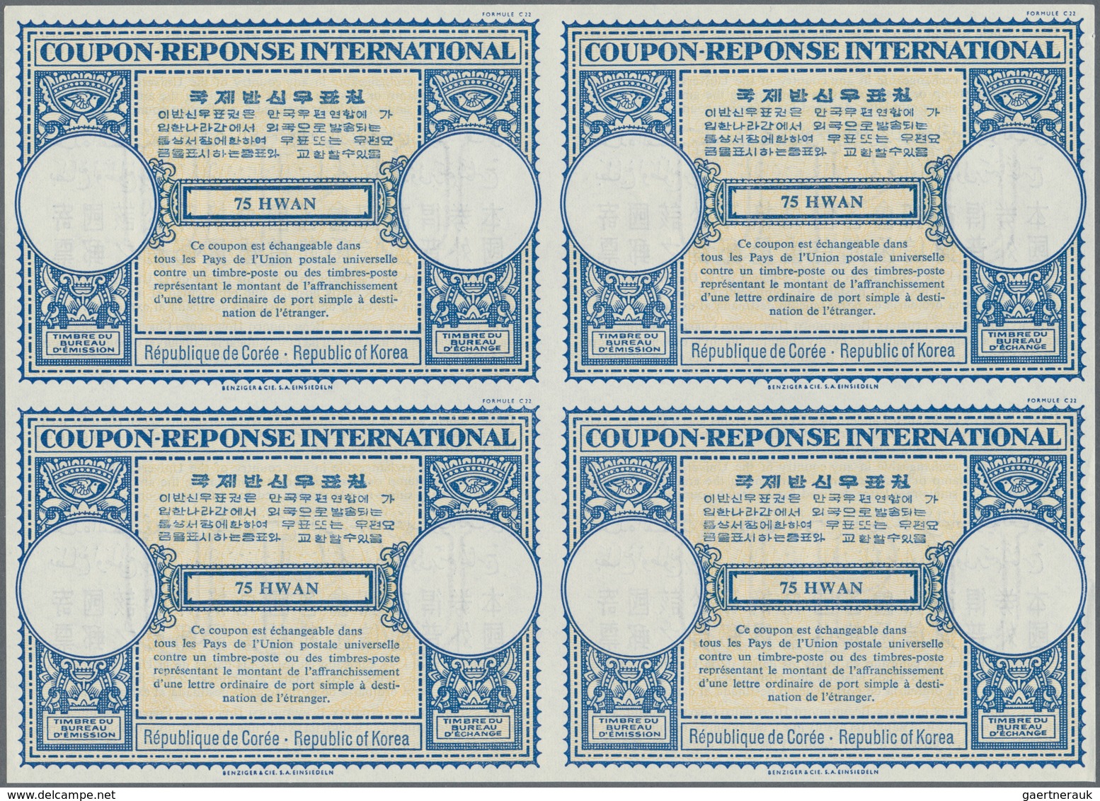 09234 Korea-Süd: 1952/1956. Lot Of 2 Different Intl. Reply Coupons (London Type) Each In An Unused Block O - Corée Du Sud