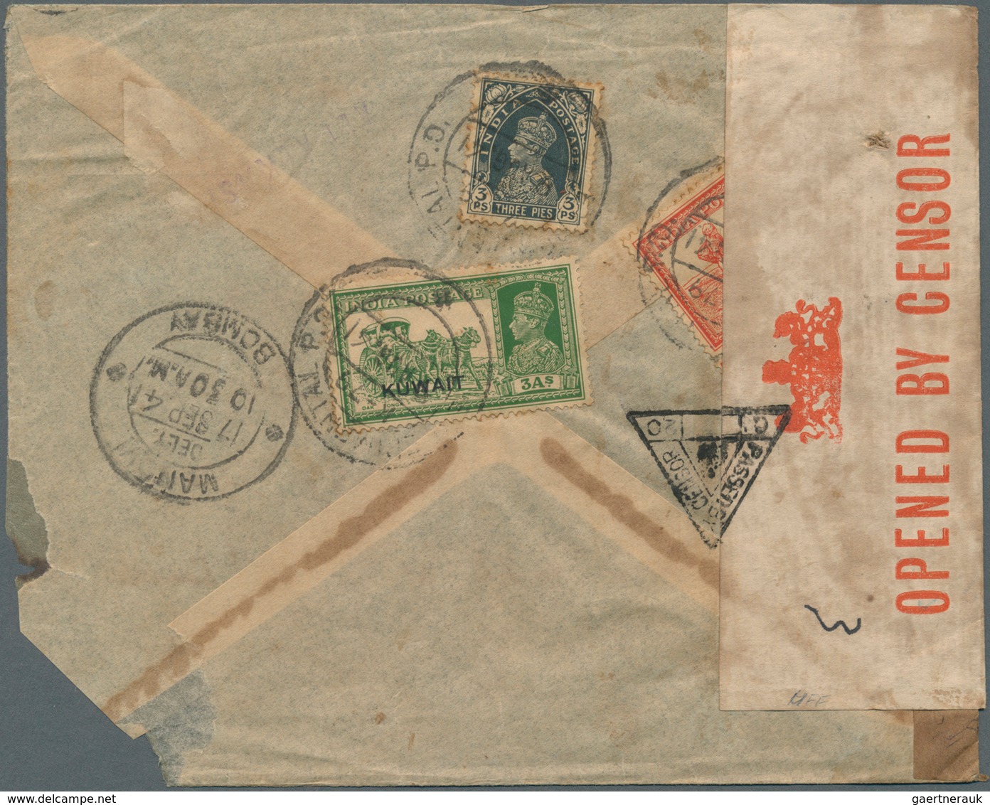 09238 Kuwait: 1941, India 3pi. Slate And Kuwait 2a. Vermilion And 3a. Yellow-green On Reverse Of Registere - Koweït