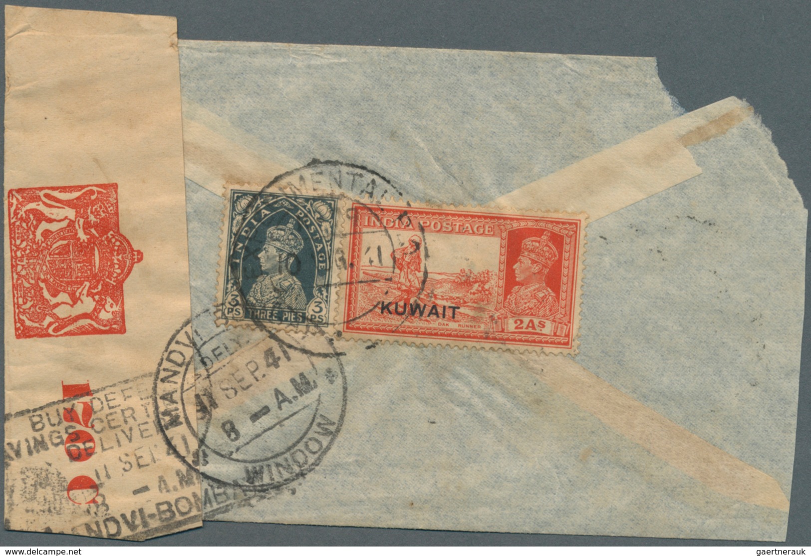 09239 Kuwait: 1941, India 3pi. Slate And Kuwait 2a. Vermilion On Reverse Of Airmail Cover Oblit. By C.d.s. - Kuwait