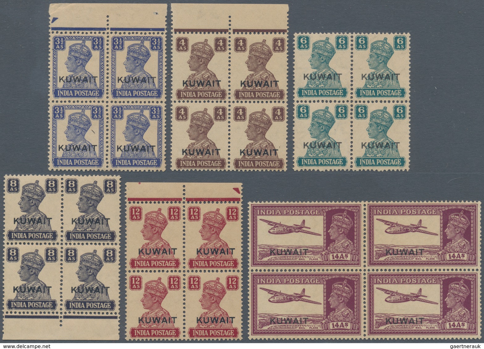 09241 Kuwait: 1945 India KGVI. (white Background) Complete Set Of 13 Each In BLOCK OF FOUR, Most Of Them W - Kuwait