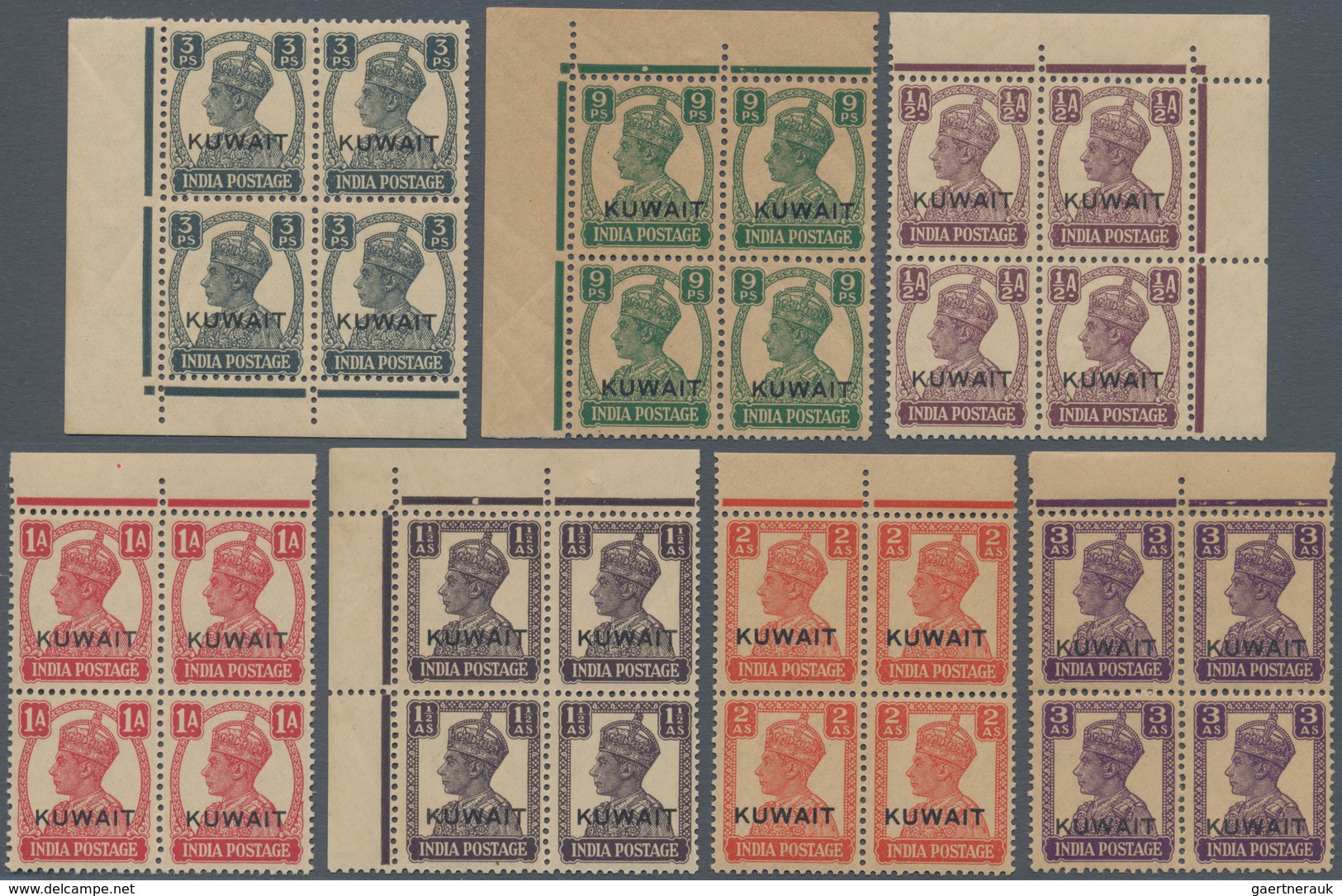 09241 Kuwait: 1945 India KGVI. (white Background) Complete Set Of 13 Each In BLOCK OF FOUR, Most Of Them W - Kuwait