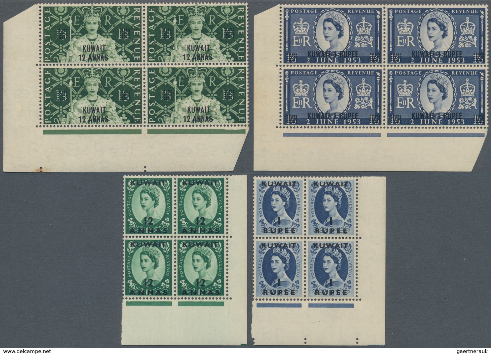 09243 Kuwait: 1953-56, QEII High Optd. Values In Corner Blocks Of Four, With 1953 Coronation 12a. On 1s3d. - Koweït