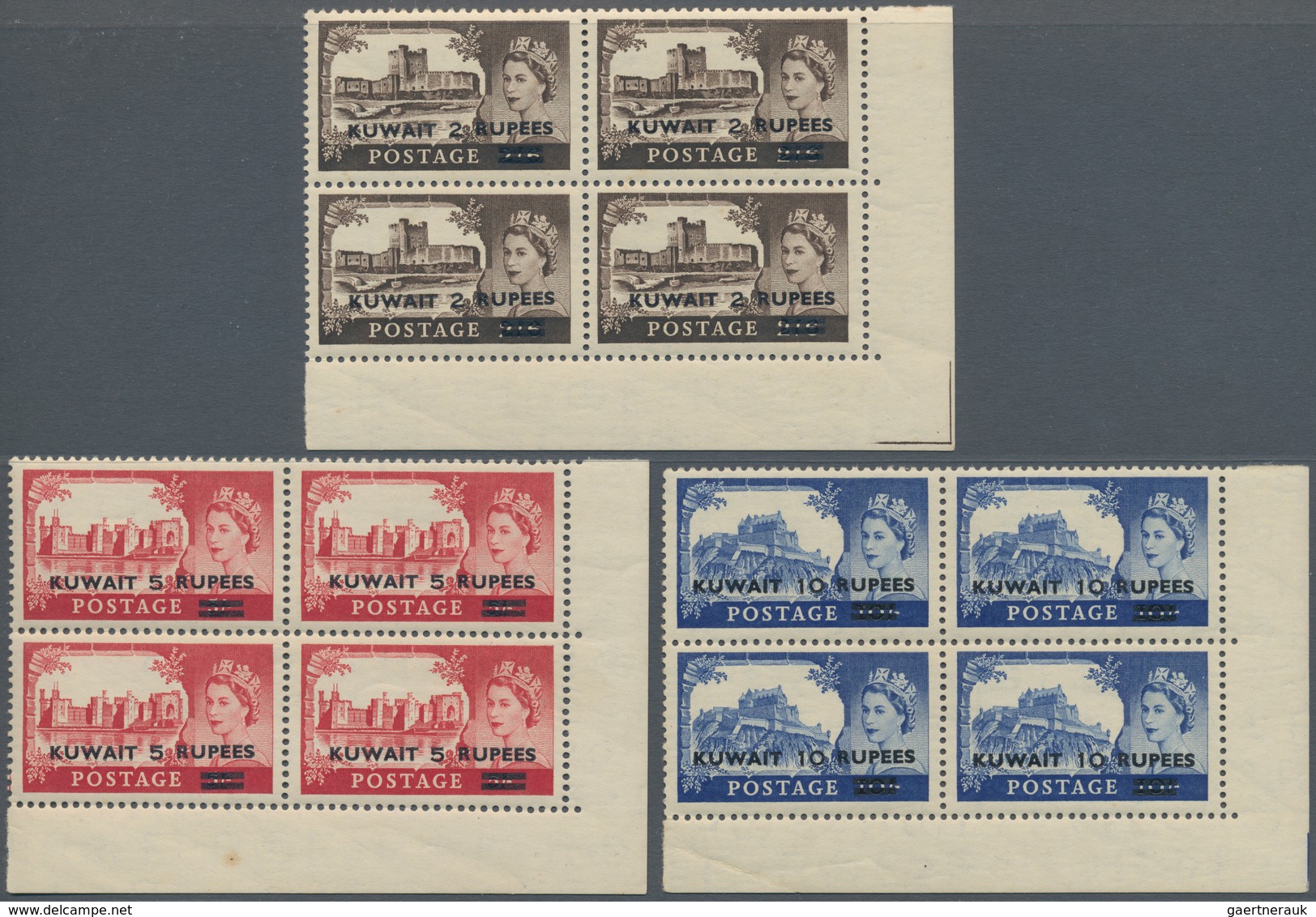 09243 Kuwait: 1953-56, QEII High Optd. Values In Corner Blocks Of Four, With 1953 Coronation 12a. On 1s3d. - Koweït