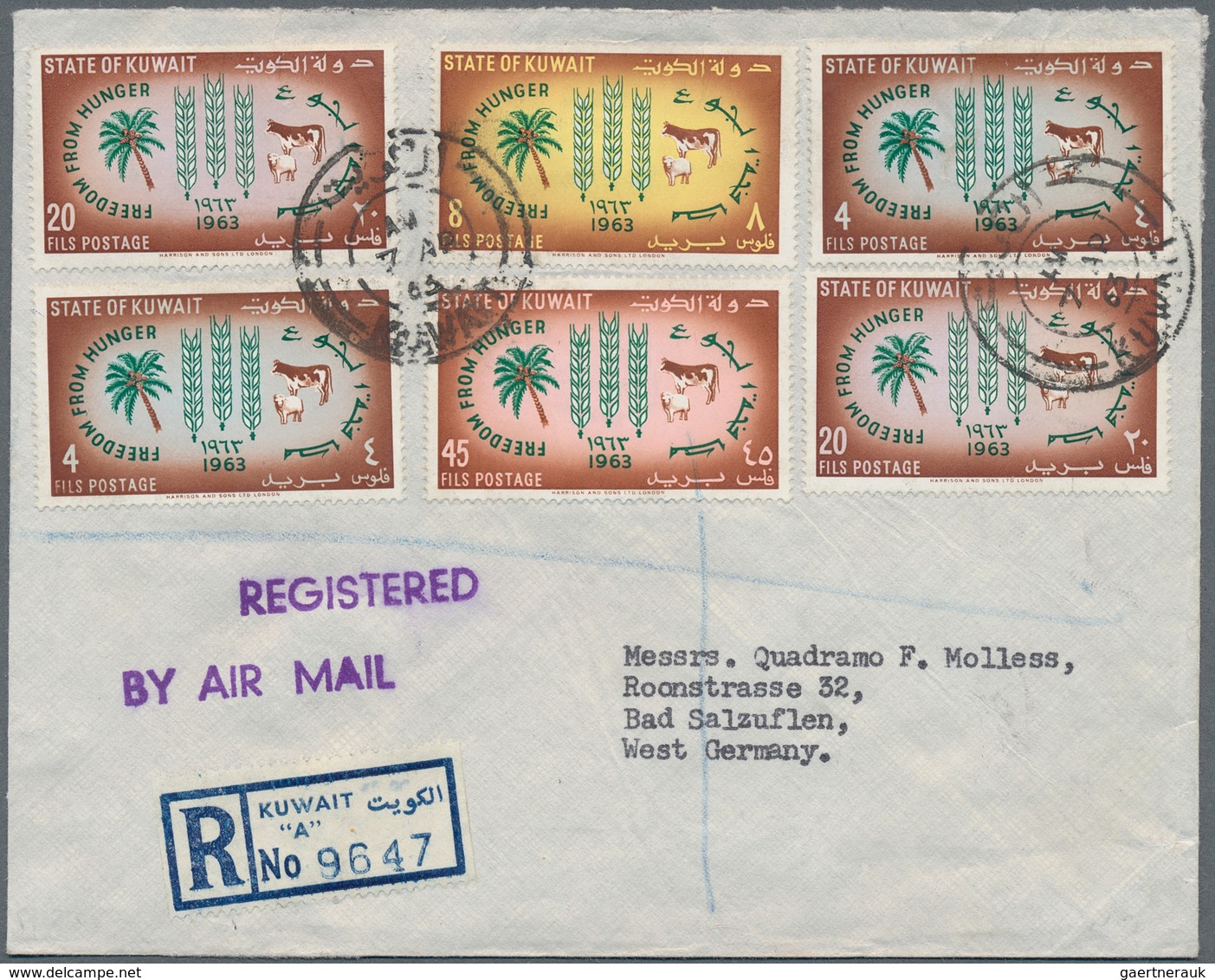 09249 Kuwait: 1963, Freedom From Hunger, Complete Set (4 F And 20 F Stamps Twice) On Registered Airmail Fi - Koweït