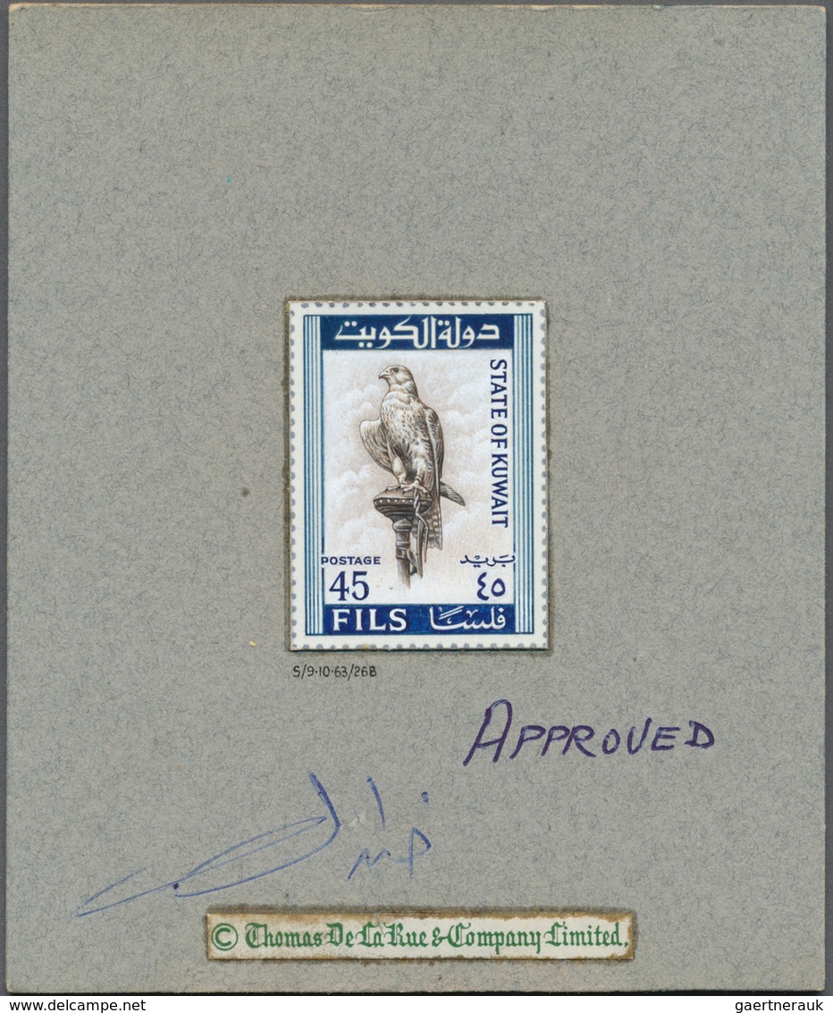 09251 Kuwait: 1965. The UNIQUE 45 F Handpainted Essay On De La Rue Archive Card, Showing A "Saker Falcon" - Koweït