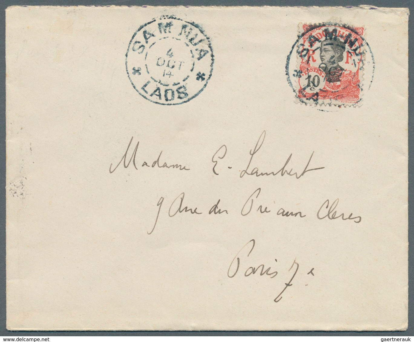 09329 Laos: 1914. Envelope Addressed To Paris Bearing French Indo-China SG 55, 10c Scarlet Tied By Sam-Nua - Laos