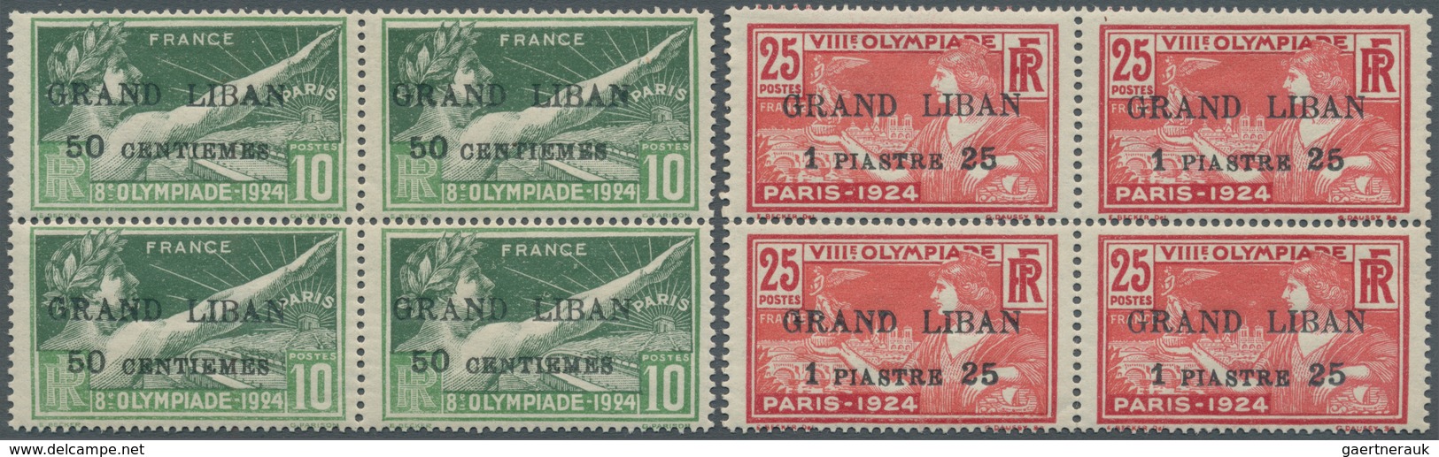 09343 Libanon: 1924, Olympic Games, Complete Set As Blocks Of Four, 50c. On 10c. With Variety "Small Fat A - Liban