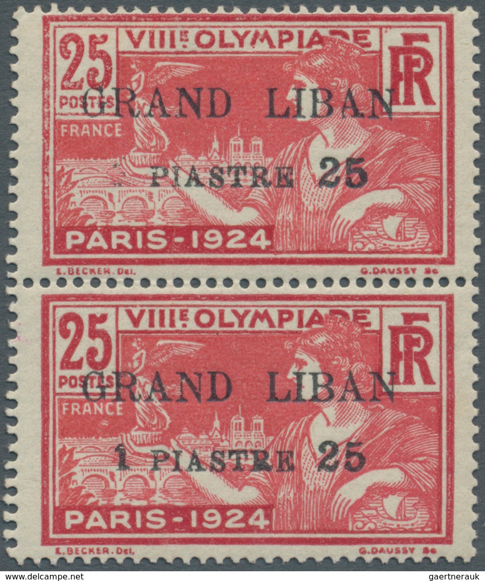 09347 Libanon: 1924, Olympic Games, 1.25pi. On 25c. Vertical Pair, Top Stamp Showing Variety "missing 1 Of - Libanon