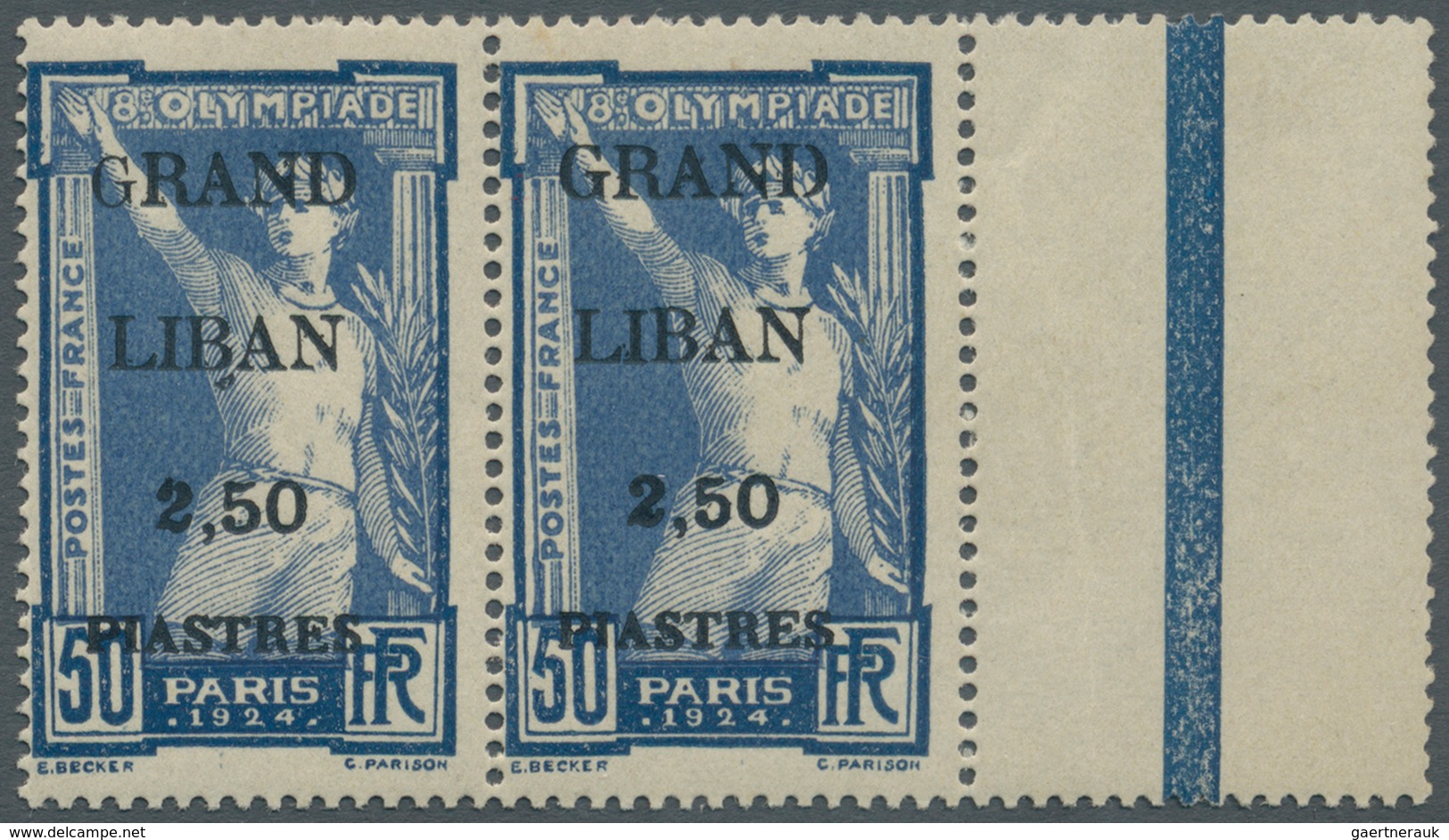 09348 Libanon: 1924, Olympic Games, 2.50pi. On 50c., Horiz. Pair Left Stamp Showing Variety "Small G In GR - Liban