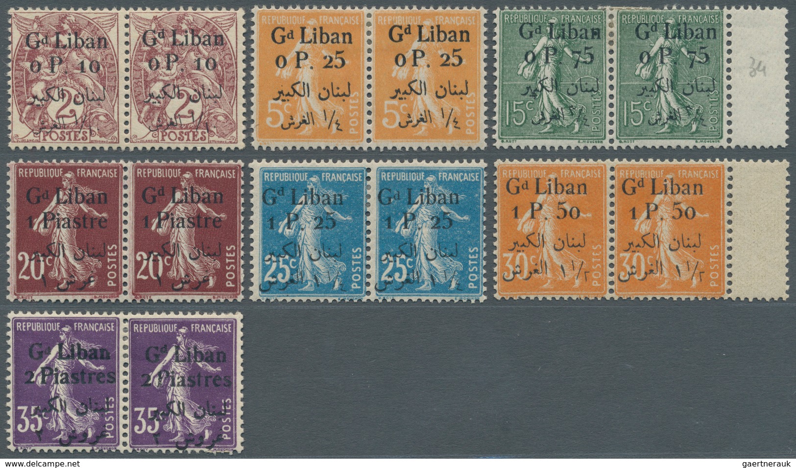 09349 Libanon: 1924/1925, Bilingual Overprints, Ten Values As Horiz. Pair (8) Resp. Block Of Four (2), One - Liban