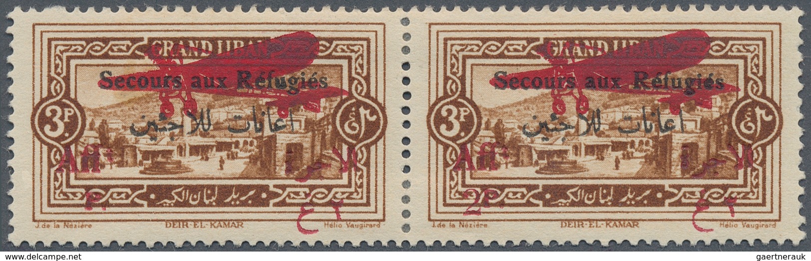 09361 Libanon: 1926, War Refugee Relief, 3pi. + 2pi. Brown, Horiz. Pair, Left Stamp Showing Variety "Missi - Libanon