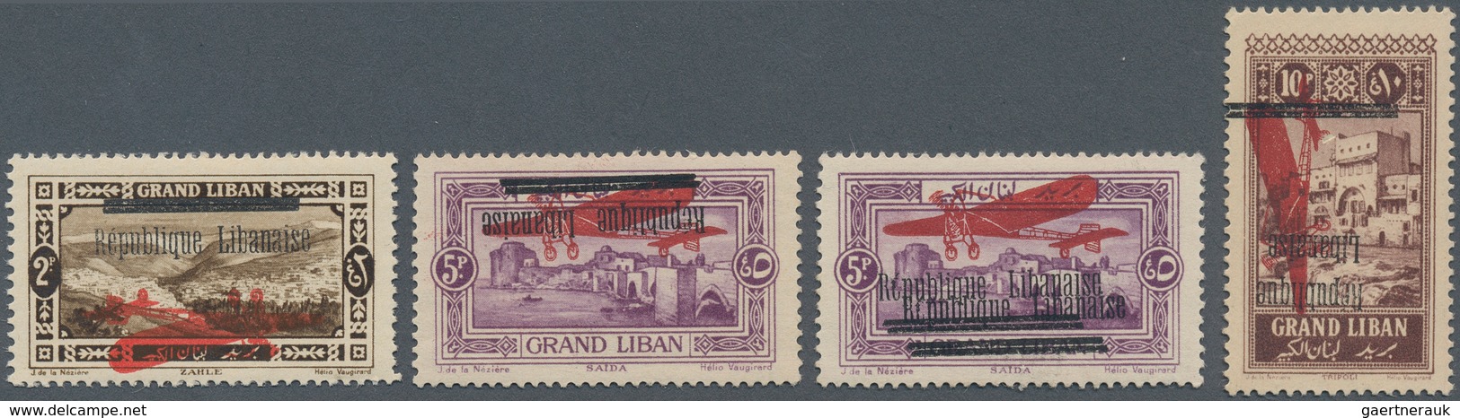 09364 Libanon: 1927, Air Mails Three Values Showing Inverted Overprint, Plus 5 Pia. Violet Double Overprin - Libanon