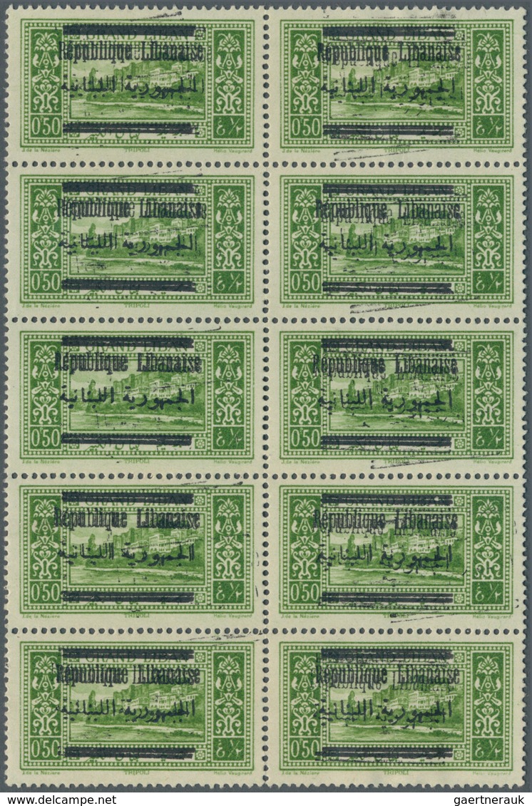 09366 Libanon: 1928, 0,50 Pia. Yellowish Green Block Of Ten Showing Double Overprint, Eight Unmounted Mint - Liban