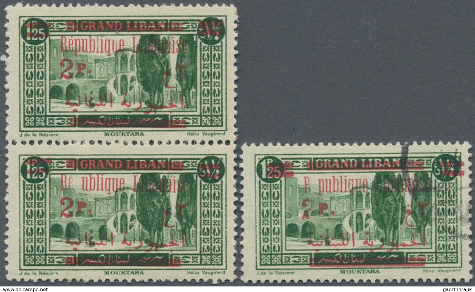 09370 Libanon: 1928, 2pi. On 1.25pi. Green, Vertical Pair Lower Stamp "missing "p" In Surcharge" Mint O.g. - Liban