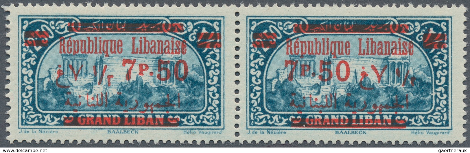 09372 Libanon: 1928, 7.50pi. On 2.50pi. Greenish Blue, Horiz. Pair, Left Stamp Showing "French And Arabic - Liban