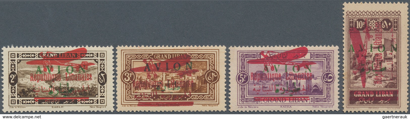 09375 Libanon: 1928, Airmails, Red "Republique Libanaise/Plane" Surcharge On Green "AVION" Overprints, Com - Libanon