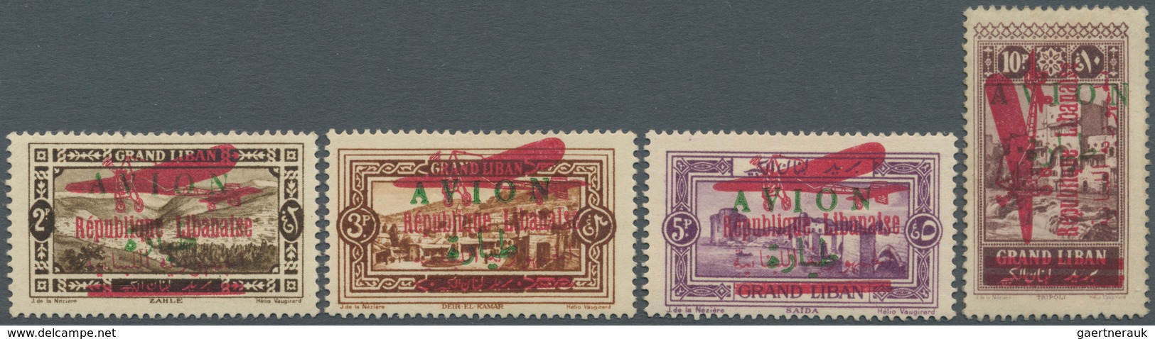 09378 Libanon: 1928, Airmails With Red "Republique Libanaise" Overprints, 2pi., 3pi., 5pi. And 10pi., Four - Liban