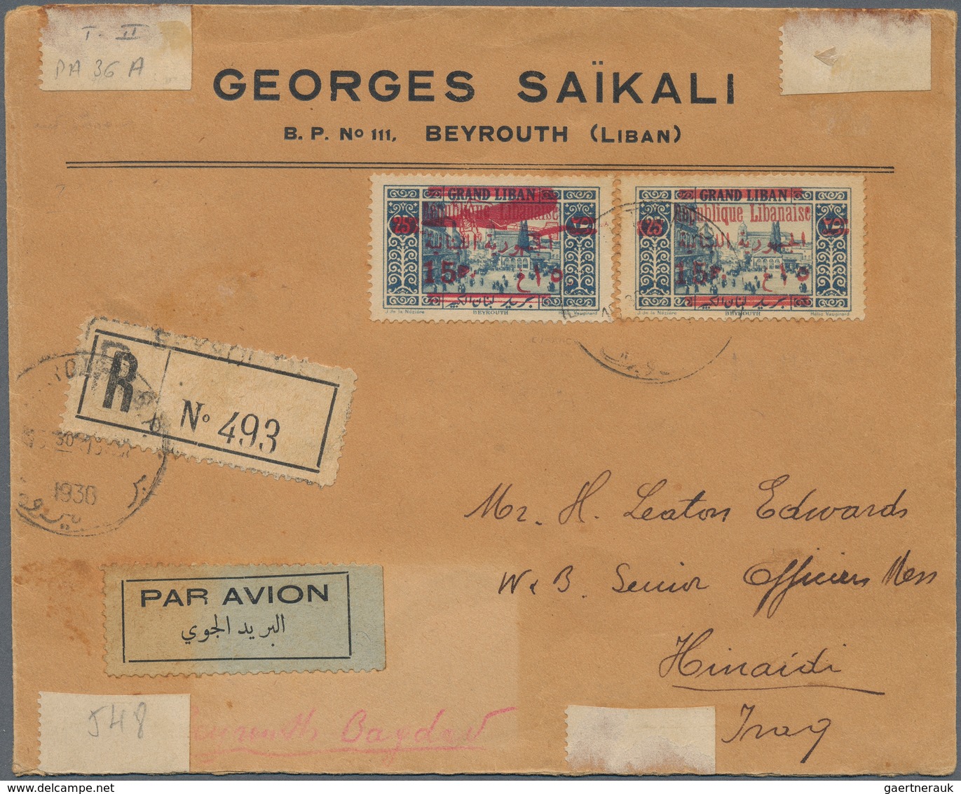 09384 Libanon: 1929, Airmails 15pi. On 25pi. "Small Cipher 15" In Combination With 1928 15pi. On 25pi. Typ - Libanon