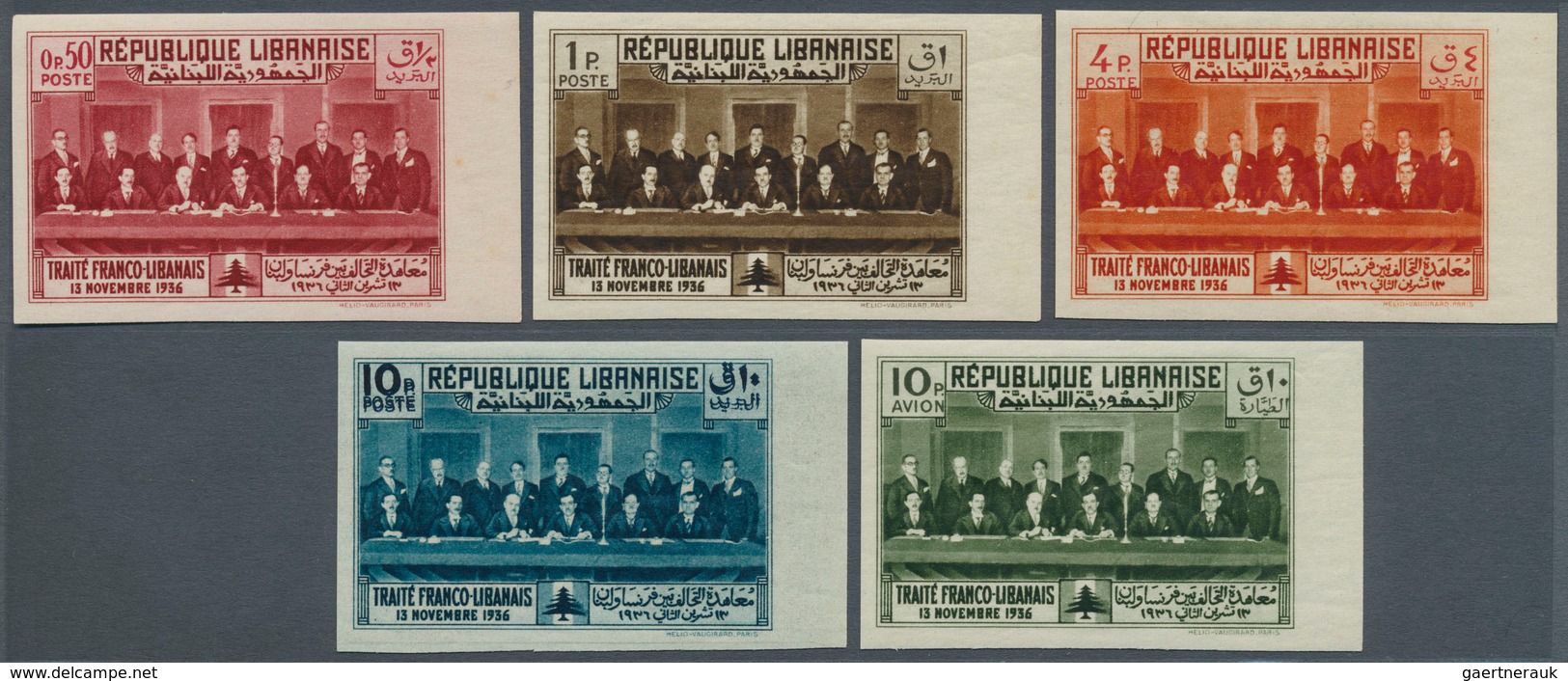 09403 Libanon: 1936, Franco-Lebanese Treaty, Not Issued, Complete Set Of Five Values IMPERFORATE With Righ - Liban