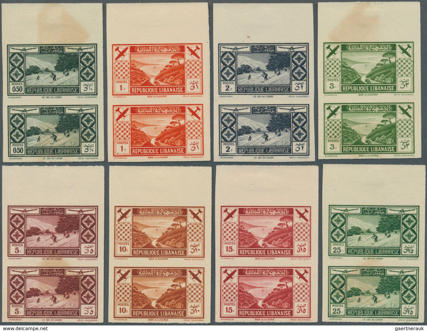 09407 Libanon: 1936, Tourism, Complete Set Of Eight Values As IMPERFORATE Top Marginal Vertical Pairs, Unm - Liban