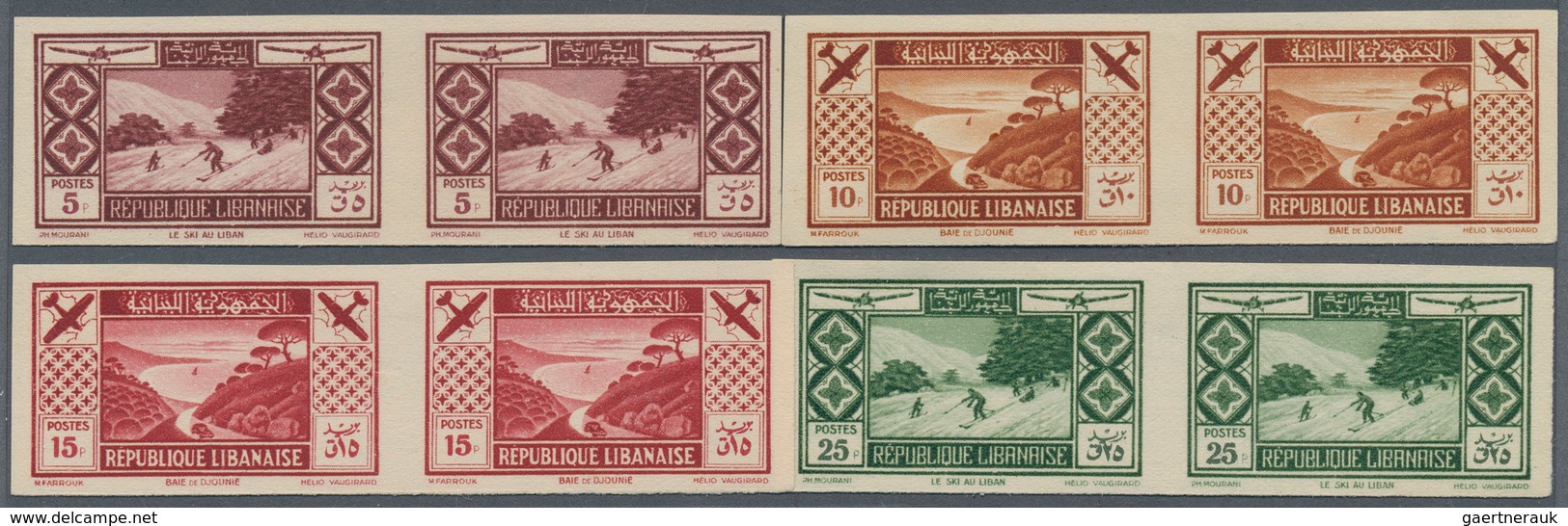 09411 Libanon: 1936, Tourism And Sports Complete Set Of 8 Imperf Pairs, Mint Light Hinged, Very Fine, A Ve - Libanon