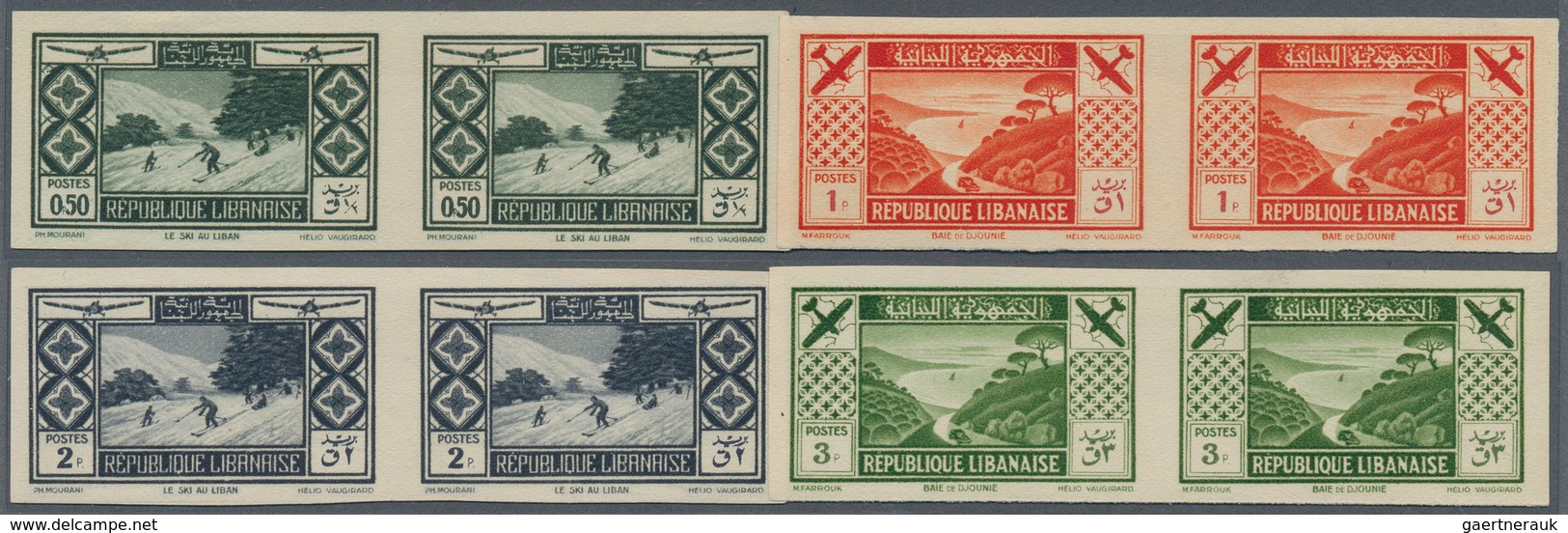 09411 Libanon: 1936, Tourism And Sports Complete Set Of 8 Imperf Pairs, Mint Light Hinged, Very Fine, A Ve - Liban