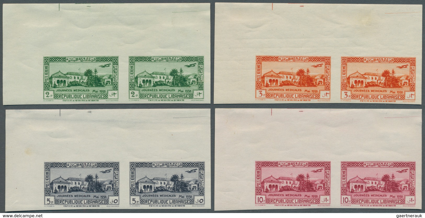 09419 Libanon: 1938, Medical Congress, Complete Set As IMPERFORATE Marginal Horiz. Pairs From The Upper Le - Liban