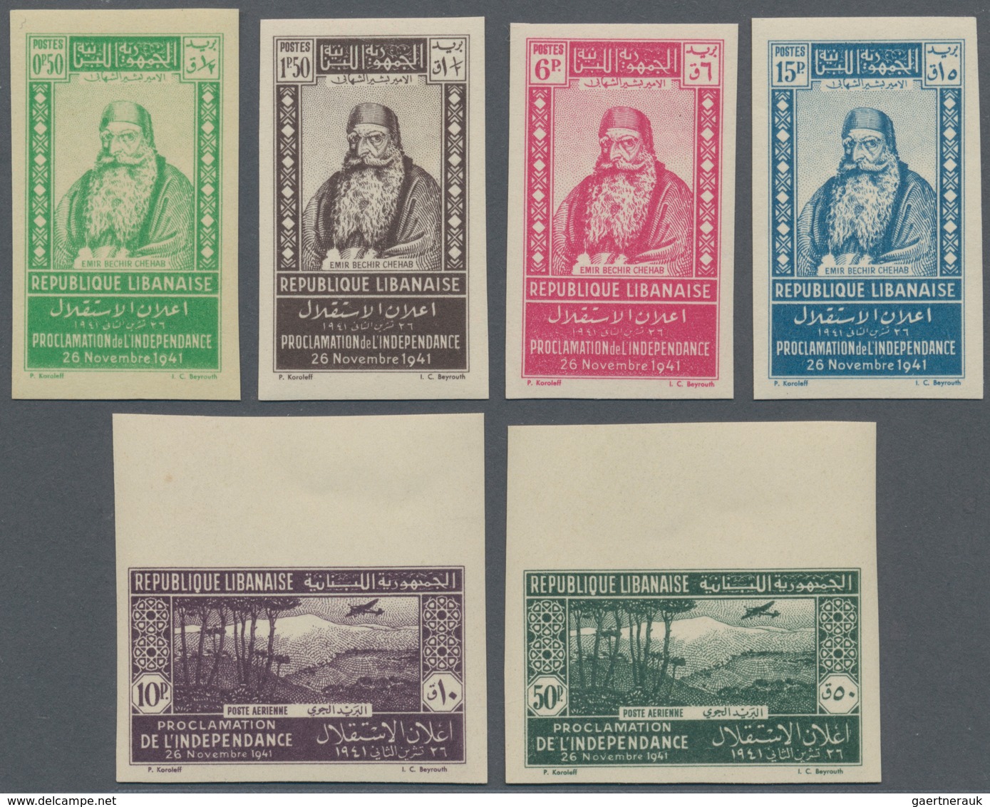 09424 Libanon: 1942 'Independence' Complete Set Of Six Incl. Air (top Marginal), IMPERFORATED, Mint Never - Liban