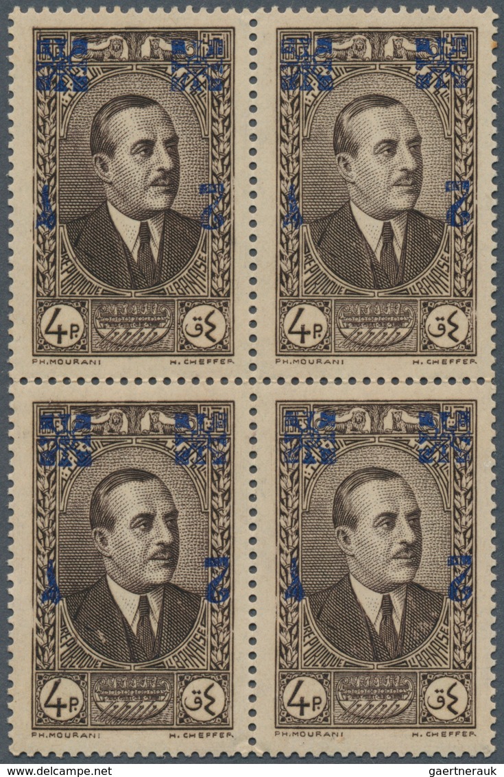 09425 Libanon: 1942, 2pi. On 4pi. Brown, Overprint Proof Block Of Four, Inverted Blue Overprint, Unmounted - Liban