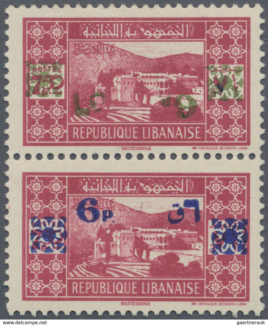 09427 Libanon: 1943, 6pi. On 7.50pi. Carmine, Overprint Proof Vertical Pair, Top Stamp With INVERTED GREEN - Libanon